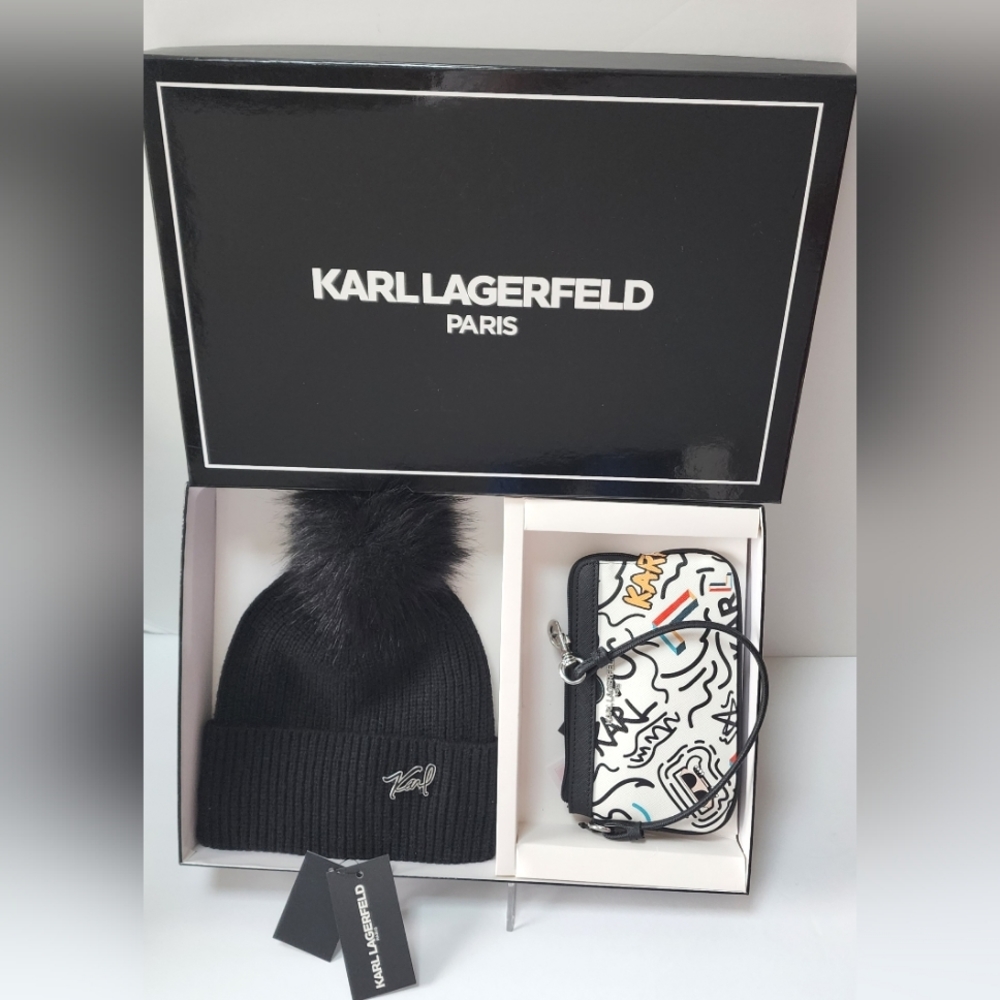 Karl Lagerfeld Printed Maybelle Colorful Graphics Wristlet Black Hat Gif…